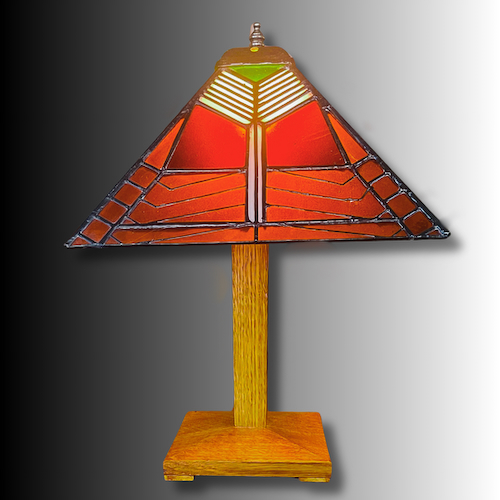 Click to view detail for BJ-008 Frank Lloyd Wright Lamp / Stained Glass & Oak $1100